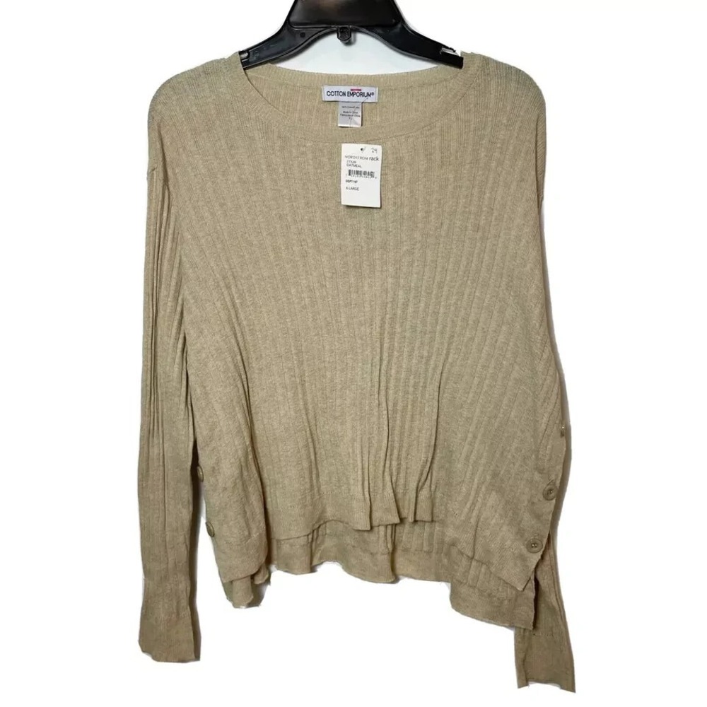 Cotton Emporium Side Button Sweater Ribbed‎ Knit Womens XL Oatmeal Relaxed NEW
